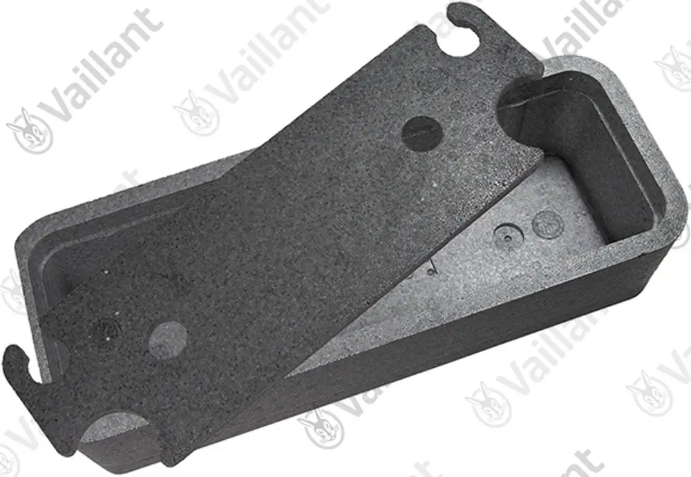 Isolierungsteil von Vaillant in rechteckiger Form, aus schwarzem Material gefertigt. Das Produkt hat Aussparungen und eine flache Oberseite.